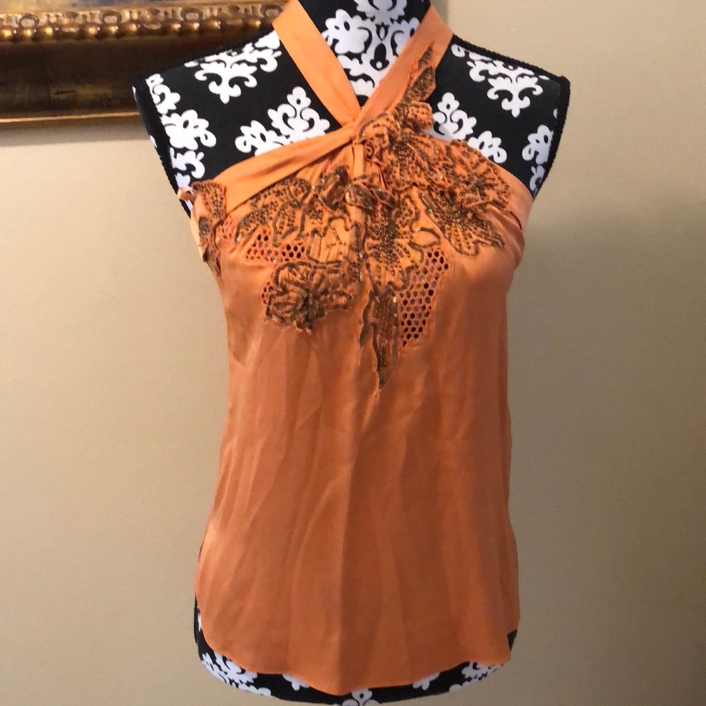 🧡 Eli Tahari Stunning beaded mock halter sleeveless silk blend stretchy top